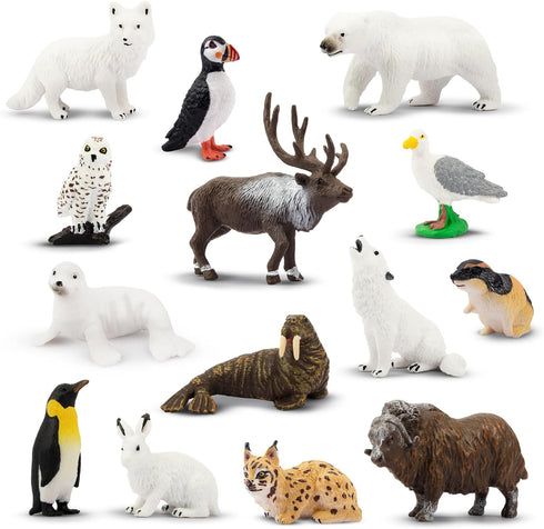 Toymany 14PCS Tiny Polar Animal Figurines, Plastic Arctic Animal Figure Set includes Polar Bear,Caribou,Penguin,Walrus, Wolf Figures, Cake Toppers...