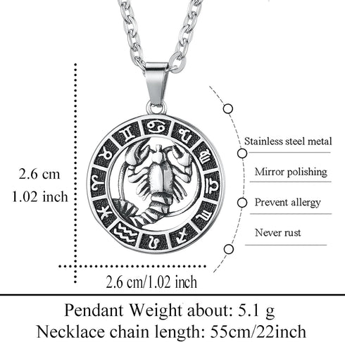 Zodiac Sign Pendant Necklaces for Women Men Stainless Steels Leo Constellation Horoscope Medallion Retro Celestial Astrology Jewelry...