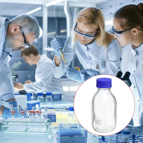 PATIKIL 500mL Reagent Media Bottle, 2Pcs Round Graduated Glass Storage Bottle Blue Screw Cap for Chemistry Lab Universities Home, Clear...