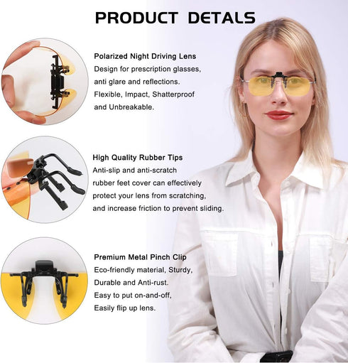 FONHCOO Clip-on Night Driving Sunglasses 2 Pack Night Vision Glasses Lens over Prescription Glasses for Women Men (2 × Night Driving Lens)...