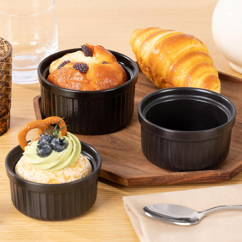 Yachi Ramekins Black, 4 oz 6 Pieces Ceramic Baking Ramekin Set of 6 Stoneware Bakeware Serving for Sauces Dipping Onion Soup Lava Cake Flan Creme ...