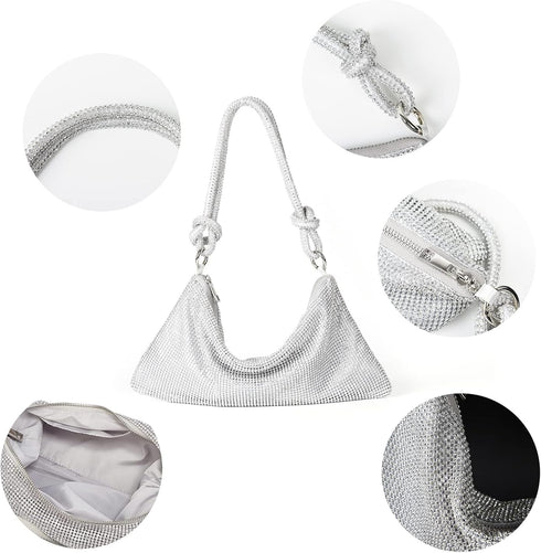 Valleycomfy Chic Rhinestone Purses for Women Sparkly Evening Handbag Bling Hobo Bag Shiny Silver Clutch Purse for Party...
