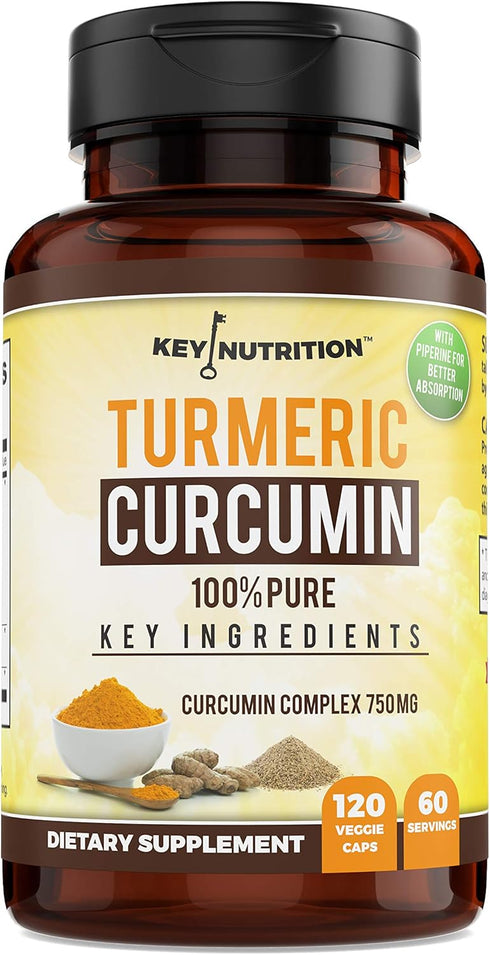 Key Nutrition Turmeric Curcumin Complex with Piperine, 100% Pure - 120 Capsules...