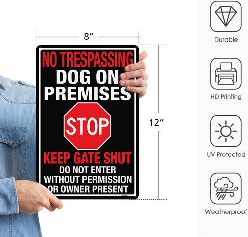 No Trespassing Dog On Premises Sign, 12"×8" Beware Of Dog Signs for Fence,Do Not Enter Aluminum Sign, Fade Resistant/Waterproof, Indoor or Outdoor...