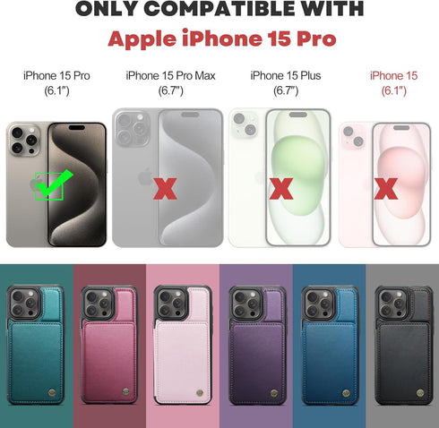 for iPhone 15 Pro Wallet Case with Card Holder, RFID Blocking for iPhone 15 Pro Case for Women Men, Durable Kickstand Shockproof Phone Case for iP...