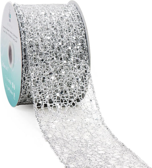 CT CRAFT LLC Sparkling Glitter Mesh Wired Ribbon 2.5" x 10 Yards Silver for Christmas Home Decor Bow Gift Wrapping DIY Crafts Wreath...