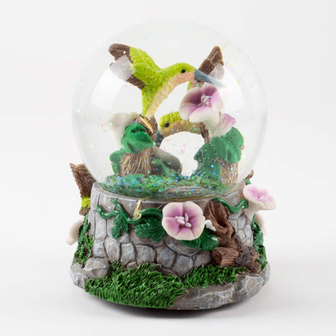 Elanze Designs Green Family Flittering Hummingbirds with Purple Flowers Bird Tabletop Figurine 100MM Sturdy Glitter Water Snow Globe Plays Tune Yo...