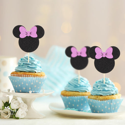 Mouse Cupcake Toppers Black and Pink Mouse Inspired Cupcake Toppers with Bow Glitter Mouse Cupcake Picks Baby Shower Wedding Kids Birthday Party C...