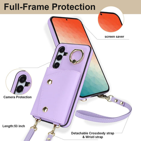for Samsung Galaxy S24 Phone Case for Women, Crossbody Wallet Case with Credit Card Holder Lanyard Shockproof Purse Kickstand Case for Samsung Gal...