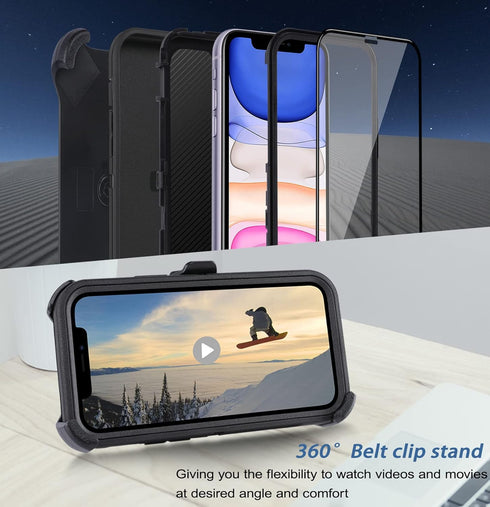 for iPhone 11 Case with Belt Clip Holster Kickstand & 2 Screen Protector, Full Protection Heavy Duty Phone Case, Shockproof Drop-Proof Durable Cov...
