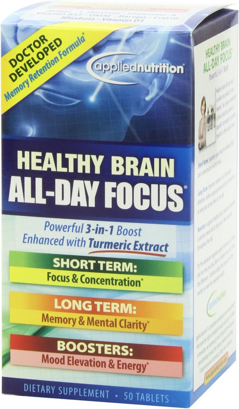 Applied Nutrition Healthy Brain All-Day Focus - 50 Tablets - Powerful 3-in-1 Brain Booster with Turmeric Extract - 25 Servings...