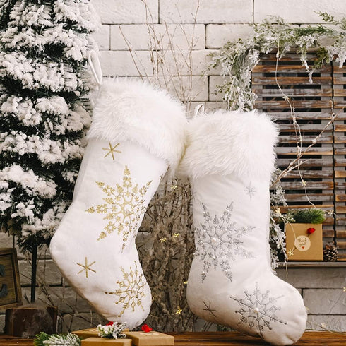 Comfy Hour Let It Snow Collection 18"x11" Christmas Winter Snowflake Stocking, Soft Plush Velvet Snowflake Embroidery Stocking, White and Gold, Po...
