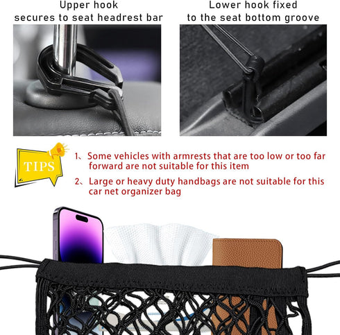 3-Layer Car Mesh Net Organizer, Four-Side Elastic Seat Net Cargo Tissue Purse Holder Between Seats, Auto Driver Storage Netting Pouch, Barrier of ...