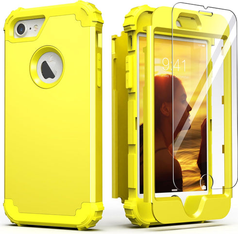 IDweel Heavy Duty Hybrid Hard PC Cover Soft Silicone Bumper Full Body Case for iPhone 8/7, Yellow with Screen Protector......