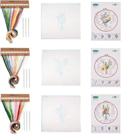 Magibeads 3 Sets Beginner Embroidery Kit Vase Flower Arranging Cross Stitch Patterns Crochet Kit with Embroidery Thread Fabric Instruction Knittin...