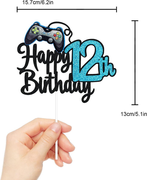 Video Game Happy 12th Birthday Cake Topper - Video Game Boy's 12th Birthday Party Blue Cake Supplies - Game On Level Up Winner Party Decoration...
