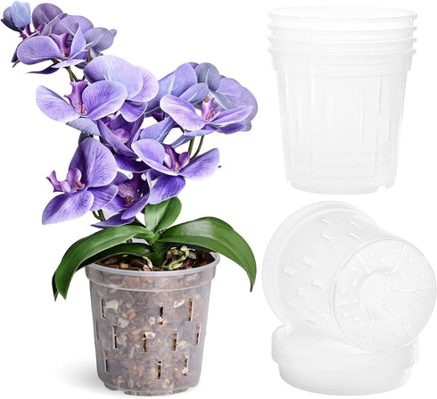 TRUEDAYS 4 Pack Orchid Pot with Saucers, 6 Inch Clear Orchid Pots with Holes, Plastic Planter with Trays, Breathable Slotted Orchids Planters for ...