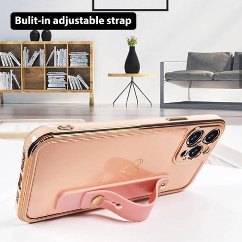 KANGHAR Designed for iPhone 13 Pro Max Case with Strap Luxury Love Heart Plating Gold Bumper Phone Cover Wristband Kickstand Full Body Protective ...