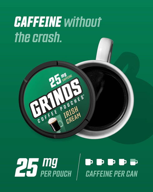 Grinds Coffee Pouches | Tobacco Free, Nicotine Free Healthy Alternative | 3 Cans of Irish Cream | 18 Pouches Per Can | 1 Pouch eq. 1/4 Cup of Coff...