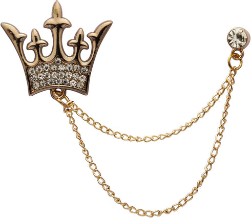 Knighthood Brooch Pin Golden Crystal King Crown Chain Brooch Suit Stud Lapel Pin...