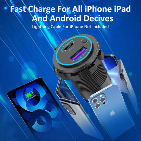 65W PD 12V USB Outlet for Laptop - Qidoe 83W USB C 12V Quick Charge3.0 18W with Power Switch Long Body Waterproof Car Charger Socket for Car Boat ...