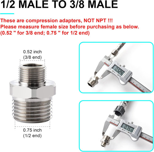 1/2 to 3/8 Reducer Faucet Adapter - Compression Brass Pipe Fitting, 3/8 Male to 1/2 Male Supply Line Adapter for RV Kitchen Plumbing, Water Hose P...
