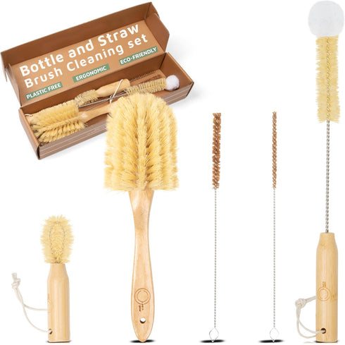 Bottle and Straw Brush Cleaning Set - Ergonomic & Plastic Free Bamboo Bottle Brush, All in One Bottle Cleaning Set, Sturdy Eco Friendly Water Bott...
