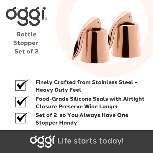 OGGI Bottle Stopper Set of 2 - Copper Plated Wine Topper Set - Stylish Wine Saver Stoppers with Airtight Wine Sealer Levers, Copper Plated...