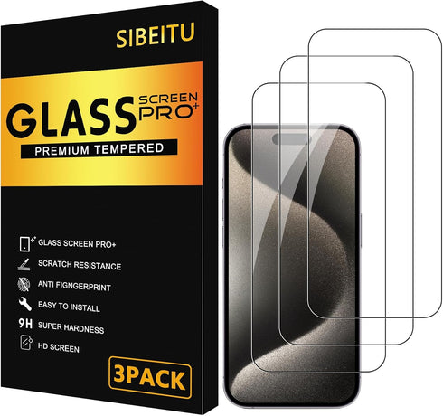 SIBEITU 3 Pack Screen Protector for iPhone 15 Pro Max, 6.7 Inch Tempered Glass Full Coverage HD Clear 9H Hardness, Scratch Resistent, Easy Install...