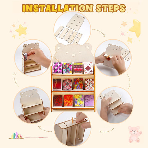 64Pcs Mini Bookcase Toy Book Shelf Wood Doll House FurnitureModel Library Decor Four Floors Storage Shelves Pretend Play 1:12 Accessories scene Ha...