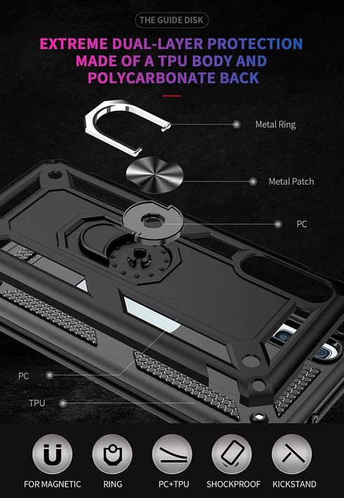 TJS Compatible with Samsung Galaxy A50 2019 Case, with Tempered Glass Screen Protector Metal Ring Magnetic Support Kickstand Heavy Duty Drop Prote...