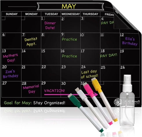 Black Magnetic Calendar for Refrigerator - Dry Erase Calendar for Fridge – For Family, Kids, Workout, Menu Planner – 12 x 16in - Includes 4 Marker...