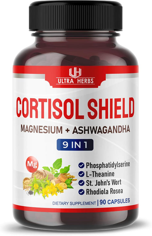 CORTISOL SHIELD 9 in 1-15,250mg Magnesium + Ashwagandha with Phosphatidylserine, L-Theanine, St. John's Wort, Rhodiola Rosea - Relaxation Support,...