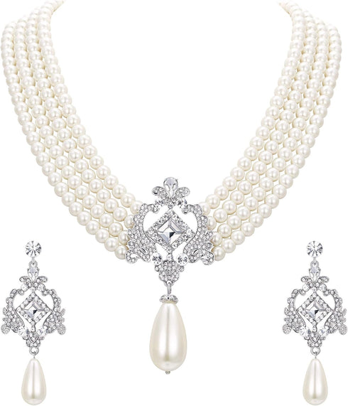 EVER FAITH 1920s Gatsby Jewelry Set for Party, Crystal Simulated Pearl Vintage Inspired Chandelier Necklace Earrings Sets for Woman...