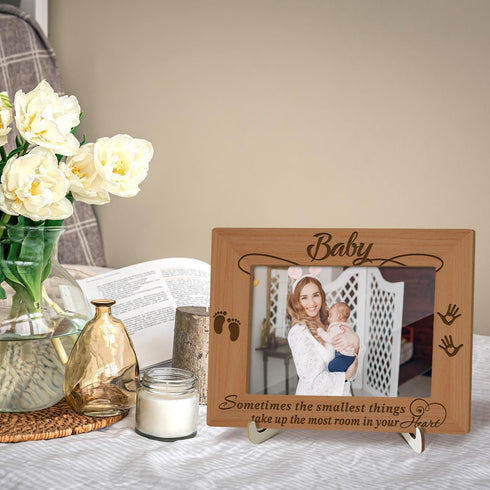 Wood Picture Frame with Wood Stand, Footprint Photo Frame Tabletop Display - Baby, Shelf Desk Decor Gift for Pregnant Mom New Dad Mother-to-be, Ho...