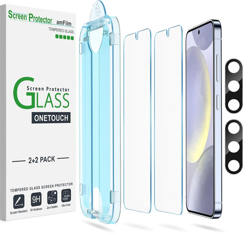 amFilm 2+2 Pack Auto-Alignment OneTouch for Samsung Galaxy S24 Plus/ S24+ 6.7" Screen Protector Tempered Glass + Camera Lens Protector, 30 Seconds...