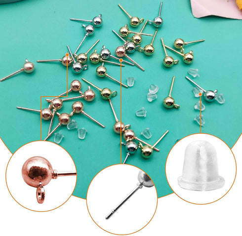 600Pcs Ball Post Earring Studs Set for Jewelry Making,300Pcs Earring Studs Ball Ear Pin Ball Post Earrings with Loop with 300Pcs Rubber Earring Ba...