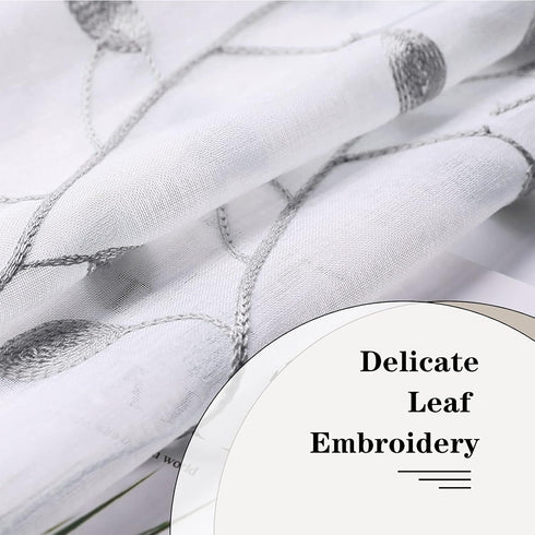 MRTREES Sheer Tier Curtains, Voile Short Kitchen Tiers Rod Pocket, Leaves Embroidery Bathroom Curtain Panels Small Half Window Treatment for Bedro...