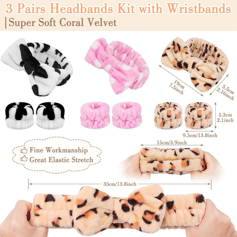 9PCS Coral Headband for Washing Face with Wristband Kit,Bowknot Makeup Headband for Women Girls, Super Soft Spa Headband with Wristband for Face W...