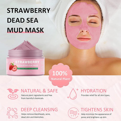 Strawberry Clay Mask for Face, Pink Clay Facial Mask Skin Care Improve Blackheads Acne Dark Spots, Deep Cleansing Face Mask Control Oil and Refini...