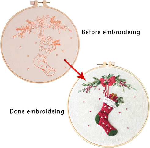 HaiMay 3 Sets Embroidery Starter Kit with Pattern and Instructions, Cross Stitch Kit Include 3 Embroidery Clothes with Christmas Pattern, 3 Bamboo...