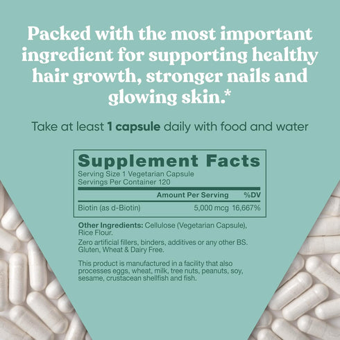 Biotin 5000 mcg Hair Skin Nails Supplement – High-Potency Hair Growth Vitamins for Women & Men – Provide Powerful Support for Healthy Hair, Strong...