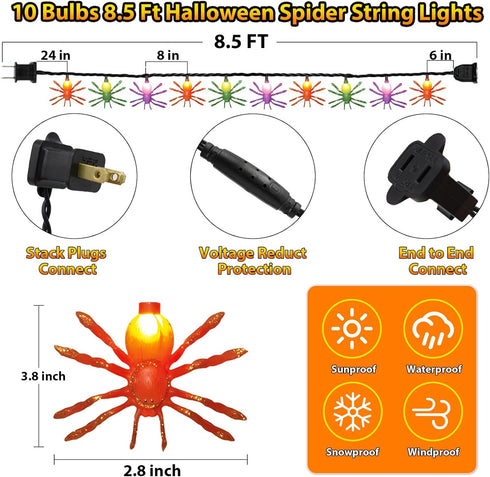Spider String Lights for Halloween, 8.5 Ft Spider String Lights with 10 LEDs Colorful Spider Lights Perfect for Parties, Yard Door, Bars, Black Wi...