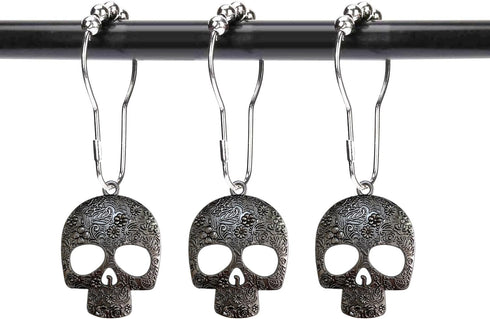 Set of 12 Sugar Skull Shower Curtain Hooks Decorative Home Bathroom Stainless Steel Rustproof Skeletons Shower Curtain Rings Decor Accessories (Bl...