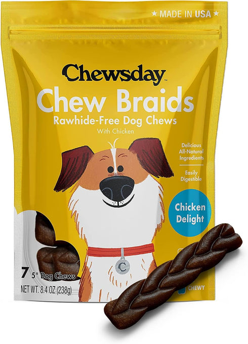 5-Inch Dog Chew Braids, Made in The USA, All Natural Rawhide-Free Highly-Digestible Treats, Chicken Delight - 7 Count...