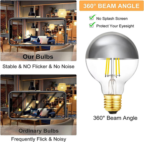 XININSUN Dimmable Half Chrome Light Bulb,6W (60W Eqv.), Anti Glare LED Light Bulbs,G25 Globe Light Bulbs,E26 G80 Silver Dipped Bulb for Bathroom, ...
