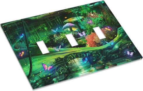 Decorative Switch Plate Covers Forest Spring Enchanted Fairy Wonderland Green Ground 3 Gang Light Switch Cover Triple Toggle Wall Plate Electrical...