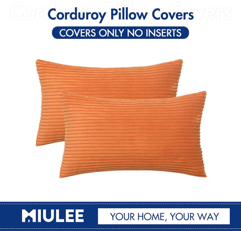 MIULEE Fall Pack of 2 Orange Pillow Covers 12x20 Inch Soft Boho Striped Corduroy Throw Pillow Covers Decorative Square Cushion Cases Pillowcases f...
