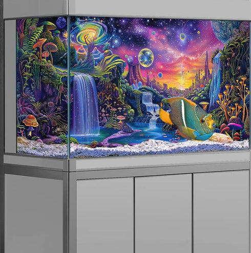 Aquarium Background with Galaxy Space Planet Design, Waterfall Landscape Tapestry Fantasy Mountain Wave Wall Tapestry Mysterious Neon Plants Fish ...