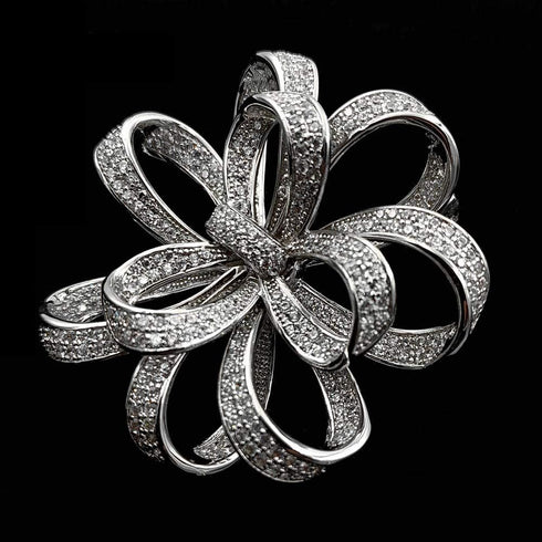 Vintage Silver Tone Micro Pave Crystal Floral Shaped Ribbon Brooch Wedding Pin Jewelry...